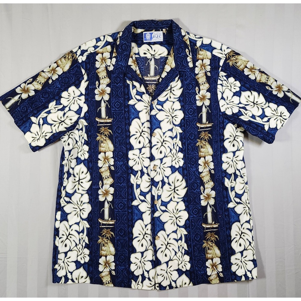 Vintage RJC Ltd Hawaii Mens Blue Aloha Camp Shirt Hibiscus Canoe Palm Tree L